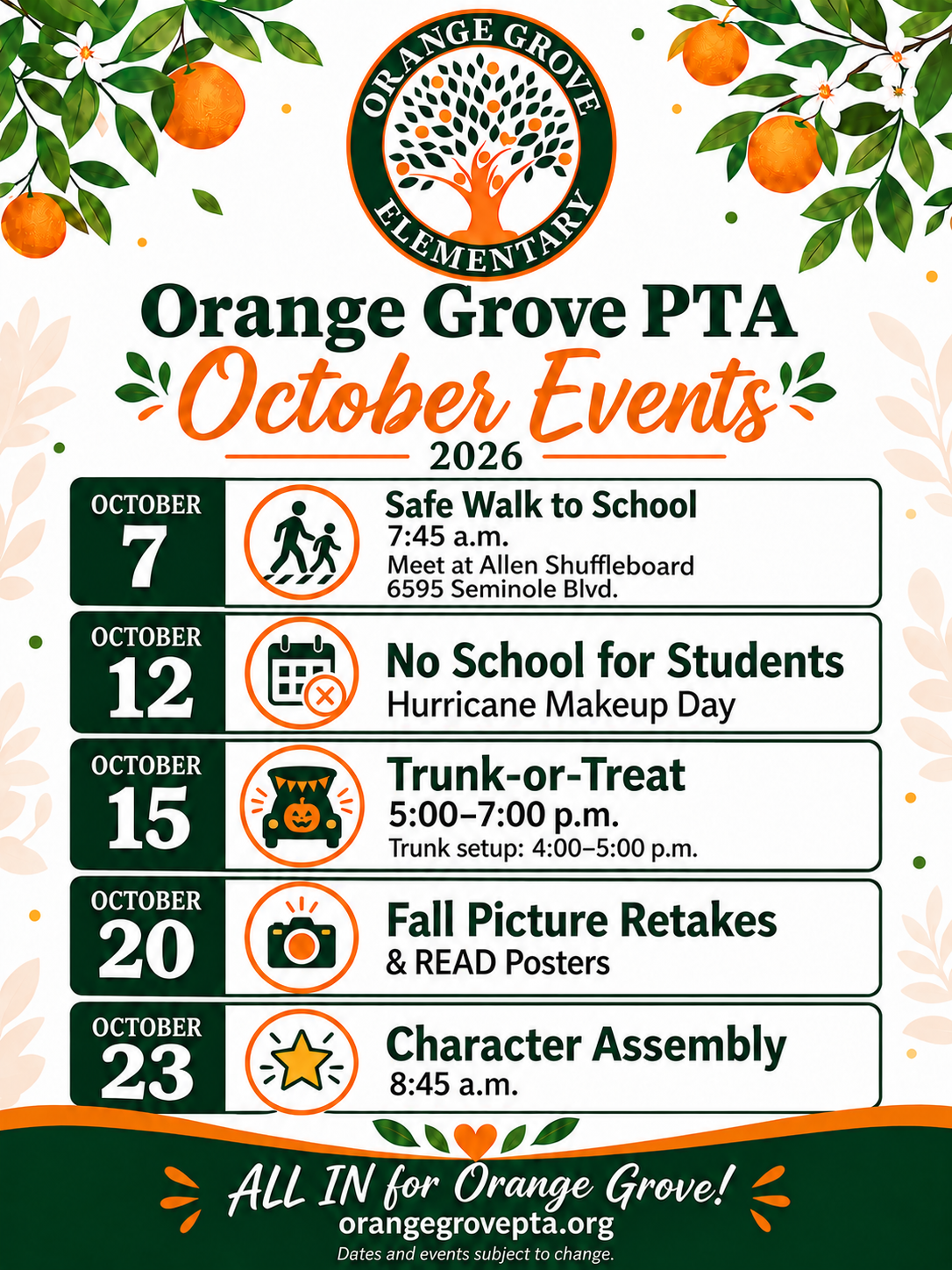 Orange Grove PTA current event flyer with upcoming dates, times, and activities